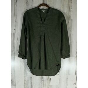 LL Bean‎ Green Linen Popover Tunic Top Size XS 3/4 Sleeve Notched V Neck Pleated